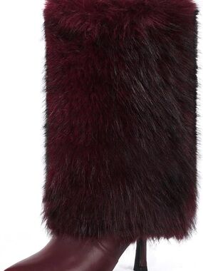Faux Fur Burgundy Kitten Heel Boot Cuff over Heeled Fall Winter Boot